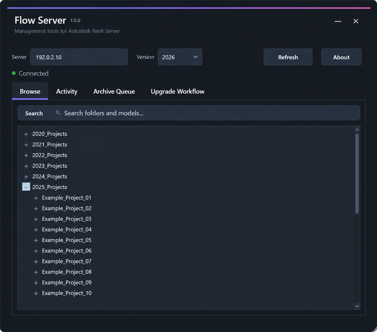 Flow Server interface showing example Revit Server projects