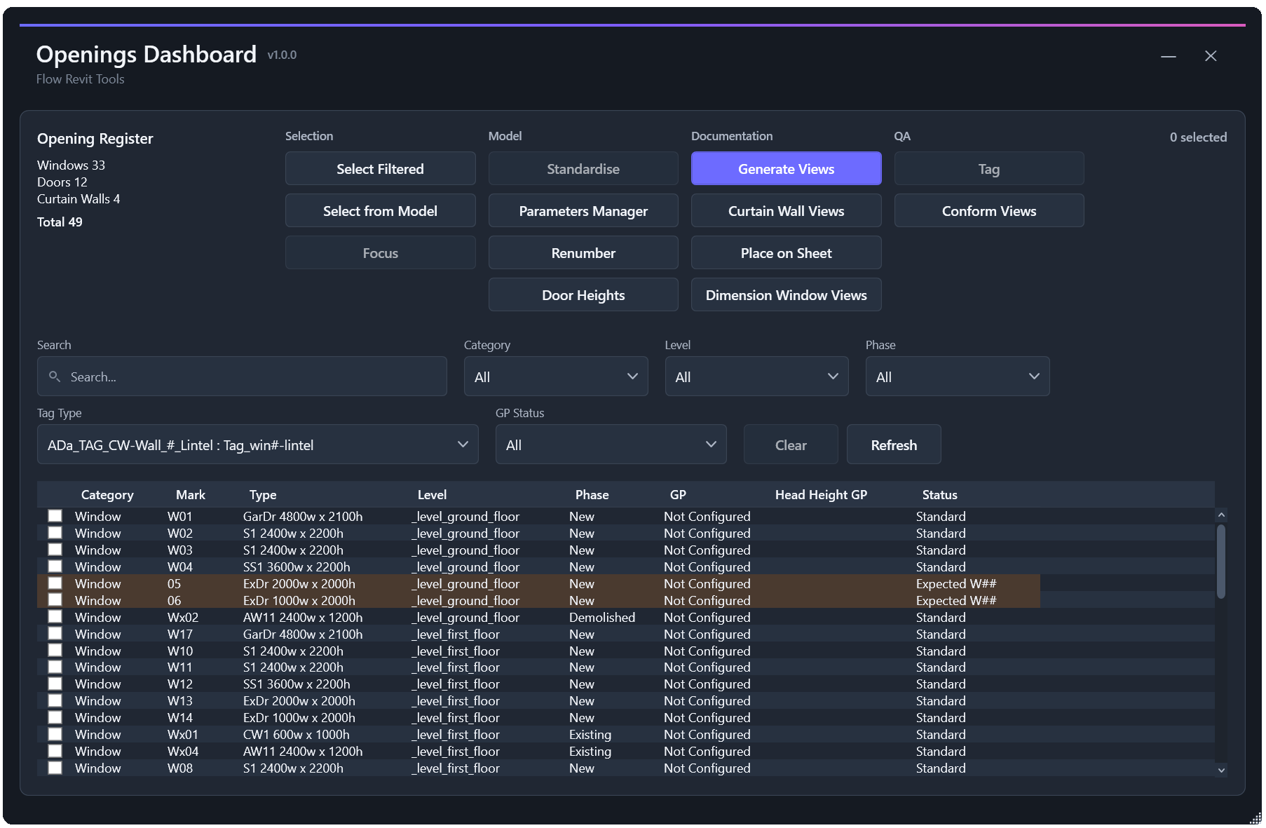 Flow Openings Manager interface