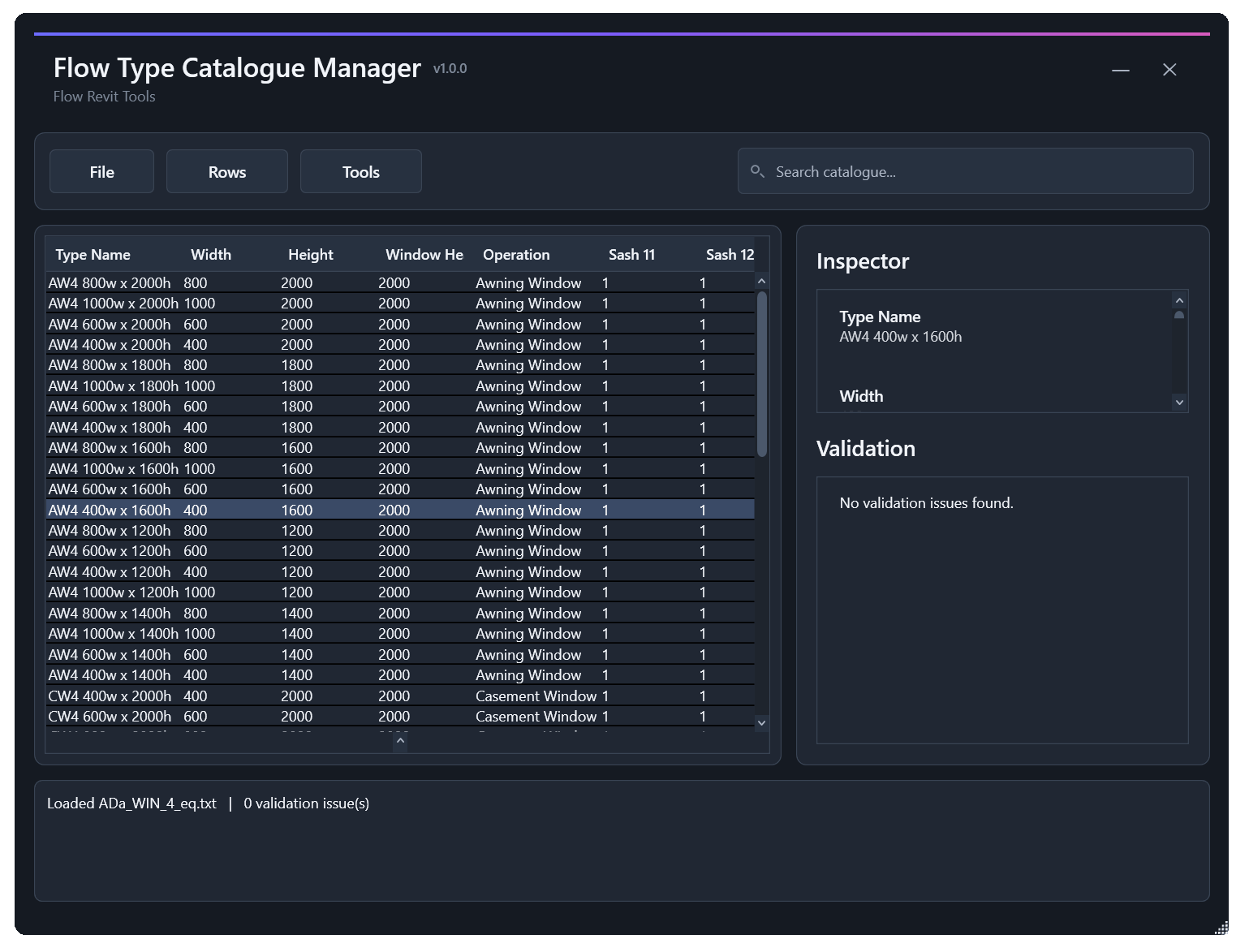 Flow Type Catalogue interface
