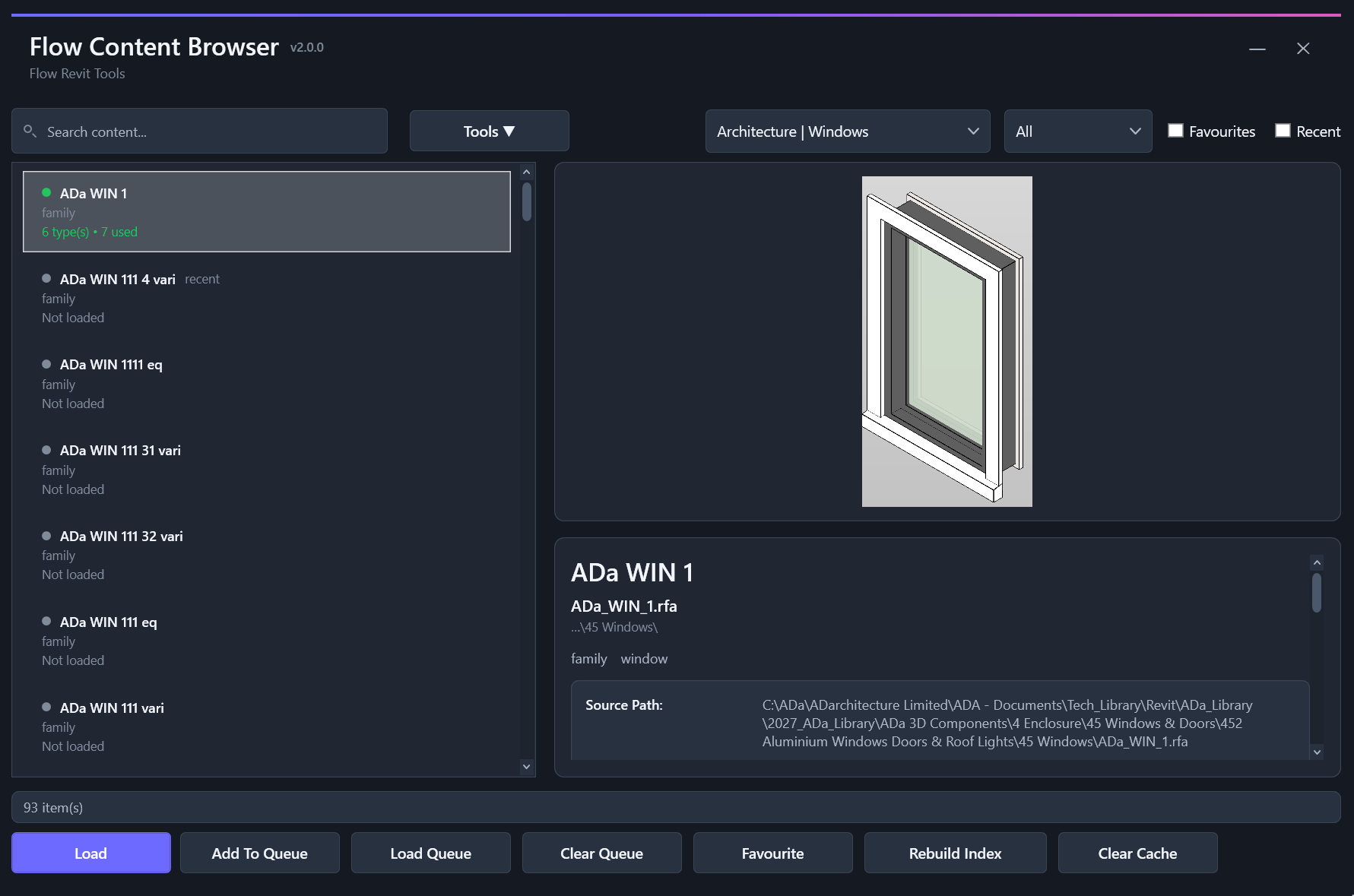 Flow Content Browser showing the Revit family library and selected family preview